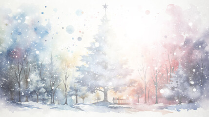 watercolor illustration, decorated Christmas tree, light white background copy space. greeting card, postcard