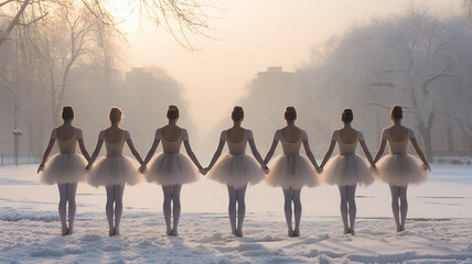 a group of ballerinas in a row on a nature landscape in winter dancing ballet in the morning fog like white swans on a lake - obrazy, fototapety, plakaty