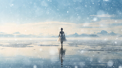 a ballerina in a winter landscape, grace and beauty, the cold of winter nature - obrazy, fototapety, plakaty