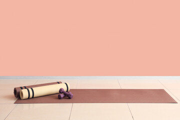 Dumbbells with fitness mats near pink wall in gym