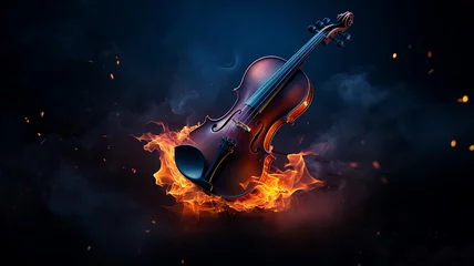 Foto op Aluminium musical background, burning violin on a dark background, hot classical music concept,  album cover melody and rhythm modern graphics © kichigin19
