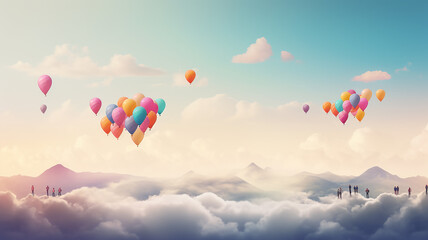 Fototapeta premium panorama of multicolored balloons in the sky above the clouds, background, space, freedom and happiness