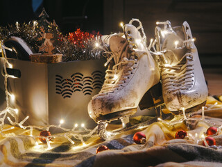 Figure skates with a Christmas decorations. Christmas gift.