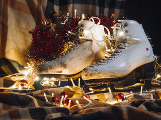 Figure skates with a Christmas decorations. Christmas gift.