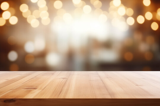 Empty rustic wooden table against a backdrop of blurred lights