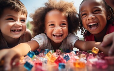 Children playing together with colorful cubes - obrazy, fototapety, plakaty