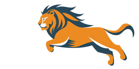 Flat lion graphic leaping forward on transparent background.