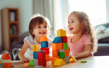 Smiling kids playing with blocks at home