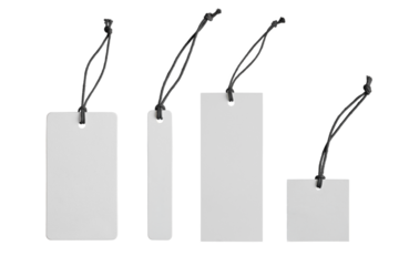 Various shape of blank white paper label or cloth tag set isolated on white, transparent background, PNG. Price tag mockup template with copy space for brand, information. Shopping, black friday sale