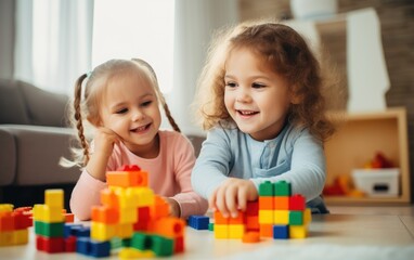 Obraz na płótnie Canvas Smiling kids playing with blocks at home