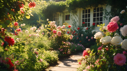 A charming cottage garden with blooming roses, butterflies, and a sunny afternoon, captured with a macro lens, using vibrant and cheerful film to create a whimsical and delightful ambiance