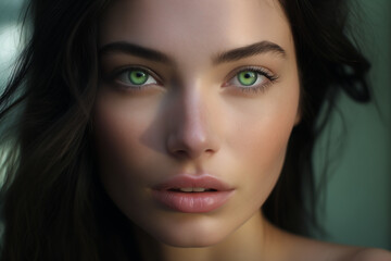 Fototapeta premium beauty model, 30 year old woman, glowy and fresh skin, light background, close up on her face, dark hair and green eyes
