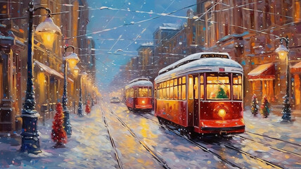 tram postcard , christmas eve city vintage view and old street decorated with lights, illustration abstract fictional view