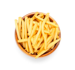 Wooden bowl with tasty french fries isolated on white background