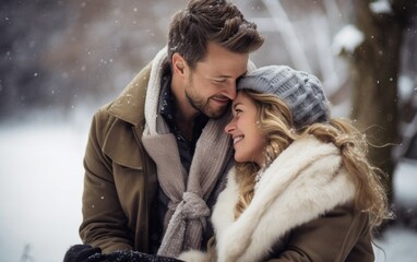 Beautiful couple in love enjoying each other in winter