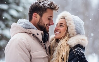 Fototapeta premium Beautiful couple in love enjoying each other in winter