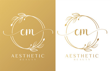 Letter CM Beauty Logo with Flourish Ornament - obrazy, fototapety, plakaty