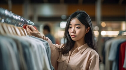 asian women looking at clothes and price tag while shopping at store generative ai