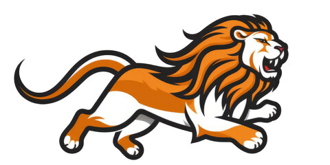 Flat lion graphic leaping forward on transparent background.