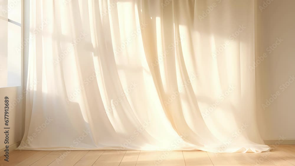 Aufkleber in this minimalistic abstract gentle light background, warm sunlight filters through a white curtain