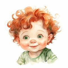 Fototapeta premium charming boy with red hair and big green eyes smiling sweetly on a white background illustration