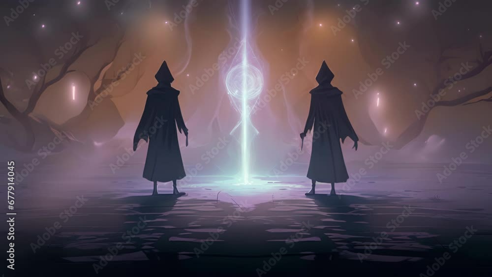 Poster two wizzards stand opposite each other in a realm of dreamwalking. glowing symbols float in the air 