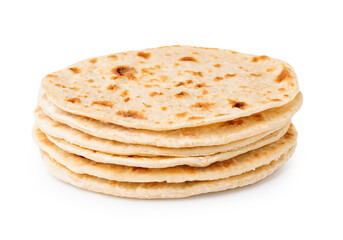 Stack of tasty pita bread on white background
