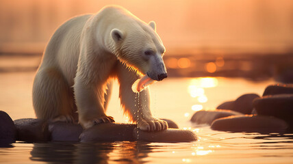 polar bear eating fresh fish. happily - obrazy, fototapety, plakaty