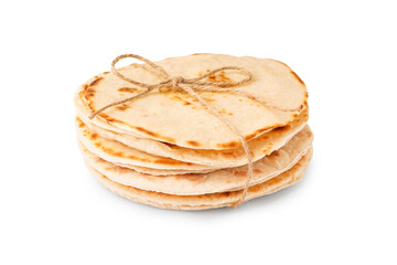 Bunch of tasty pita bread on white background