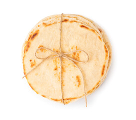 Bunch of tasty pita bread on white background