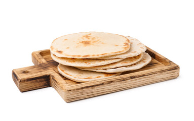 Wooden board with tasty pita bread on white background
