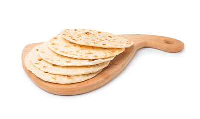 Wooden board with tasty pita bread on white background