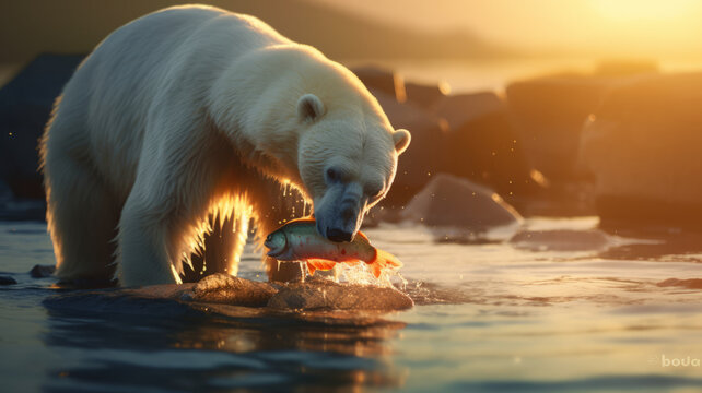 polar bear eating fresh fish. happily