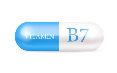 Capsule vitamin B7 (Thiamine) structure Blue, white. 3D Vitamin complex with chemical formula. Personal care, beauty concept. Vector Illustration. transparent capsule pill. Drug business concept