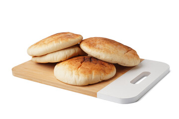 Wooden board of tasty pita bread on white background