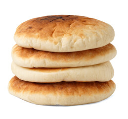 Stack of tasty pita bread on white background