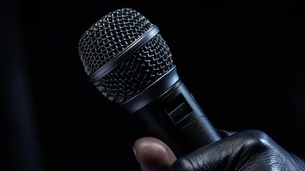 Foto op Aluminium close up, hand holding a microphone I am singing at a concert generative ai © Suralai