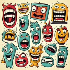 Vintage cartoon smiley faces, 30s to 60s style, for cheerful logos.