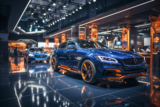 A high-tech auto repair shop, with cars and state-of-the-art diagnostic equipment and tools.