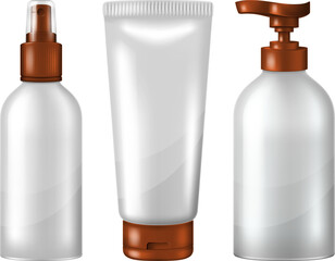 Set of cosmetic bottles with sunscreen isolated on white background. Vector illustration.