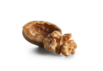 Tasty walnut with shell on white background