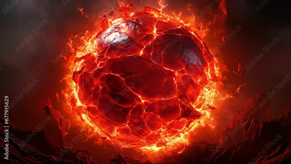 Poster red molten magma explodes outwards in all directions like a volcano creating a sphere of pure energy