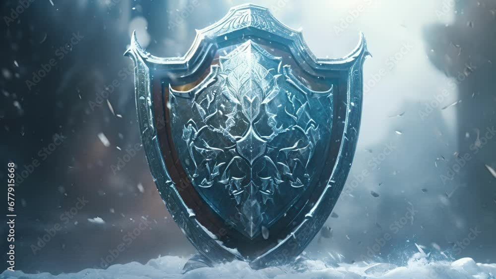 Poster an armored perimeter of hovering and swirling snowflakes converging to form an unbreakable shield of