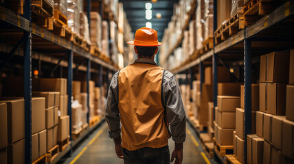 Fototapeta na wymiar Worker navigating large warehouse