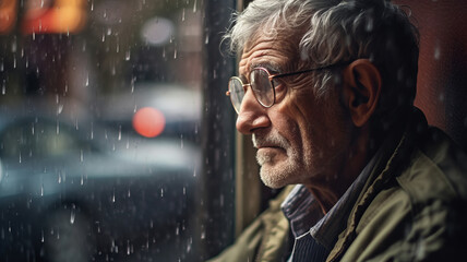 alone elderly man by a window with rain drops