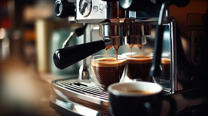 Close up of espresso coffee by using coffee machine. - obrazy, fototapety, plakaty
