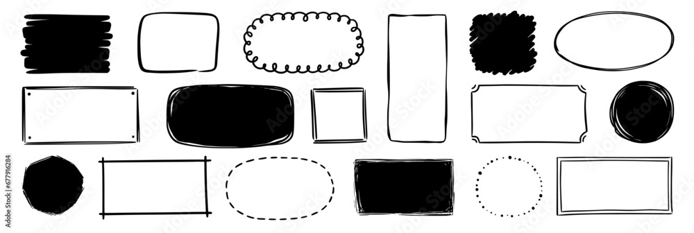 Poster hand drawn doodle frame set. box, square, rectangle, circle shape brush pen line stroke scribble ele