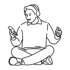 Young man sitting on the floor listening music with headphone using smartphone line art Vector illustration