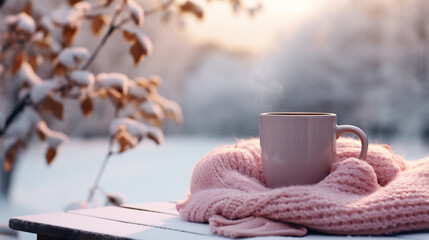 Cup of coffee and knitted scarf on windowsill in winter