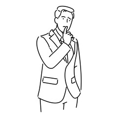 Vector illustration of a man in a suit thinking with a finger on his lips